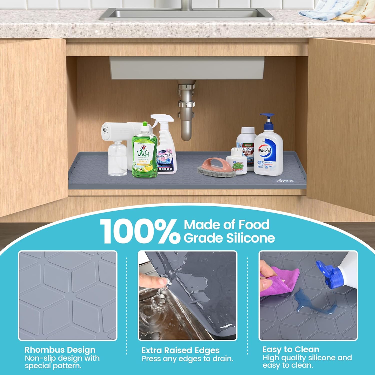 FORWOS Under Sink Mat, 34" x 22" Silicone Mats for Kitchen Waterproof, Under Sink Cabinet Organizers and Storage, Sink and Cabinet Protector, Under Sink Tray for Bathroom (Grey)