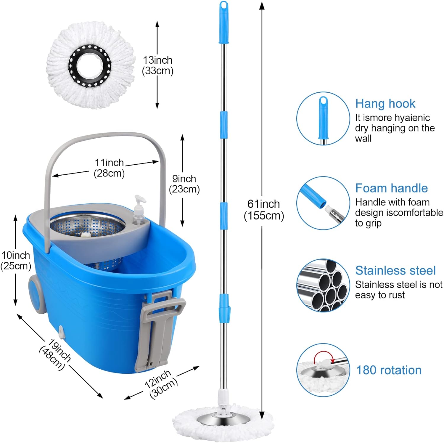 Spin Mop and Bucket with Wringer Set, 360° Spinning Mop Bucket System with 3 Microfiber Mop Replacement Heads and 61" Stainless Steel Adjustable Handle for Floor Cleaning (20QT)