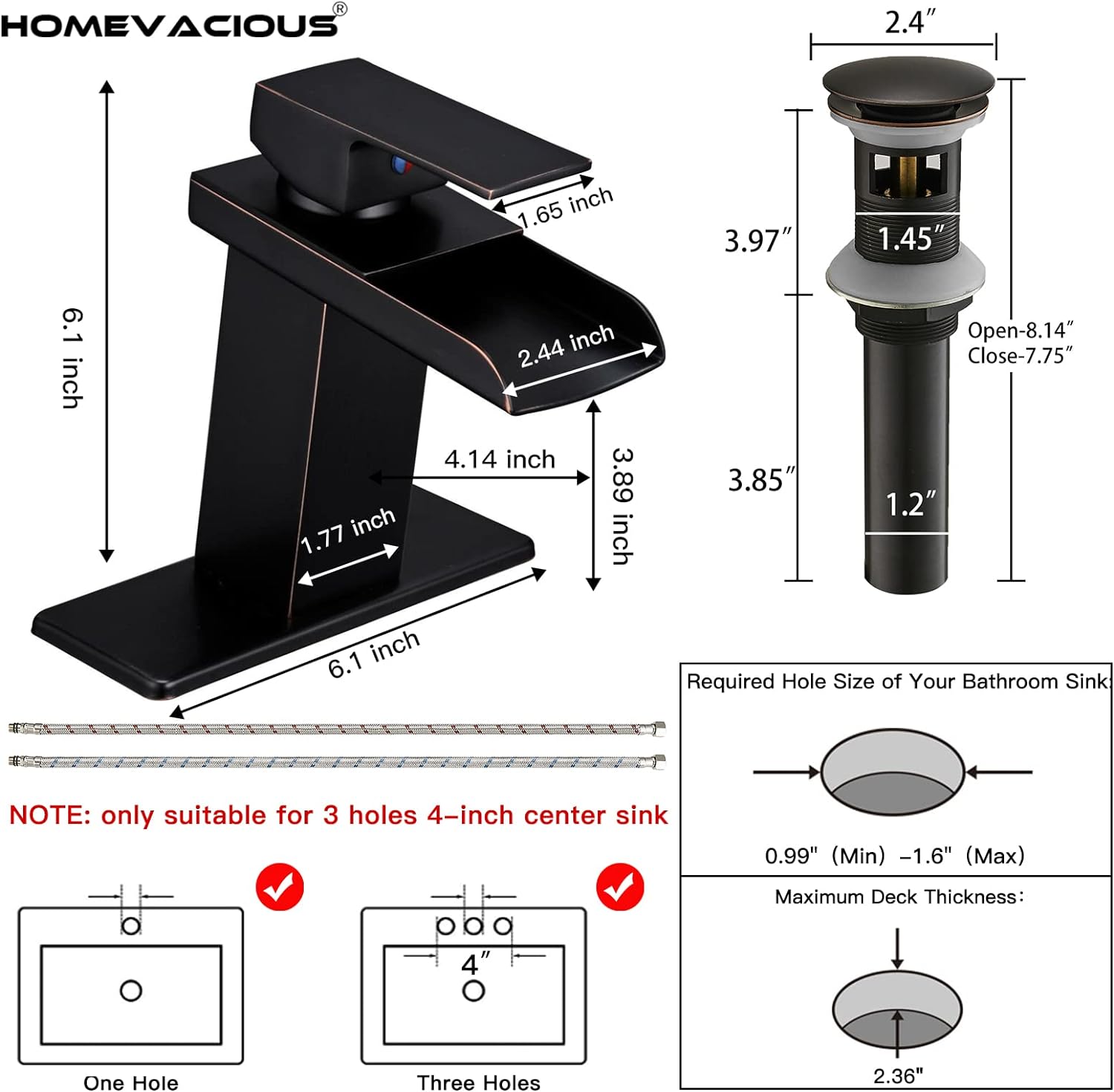 Homevacious Waterfall Bathroom Faucet,Chrome Single Handle Vanity Faucet,Modern Faucet for Bathroom Sink 1 Hole,Lavatory RV Mixer Tap with Brass Pop Up Drain and Water Supply Lines