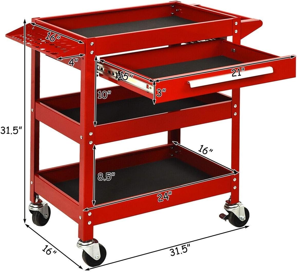 ERGOMASTER Utility Service Cart Tool on Wheels Heavy Duty Metal 4 Tiers Shelves with Drawers Tool Storage Organizer for Warehouse,Garage and Workshop