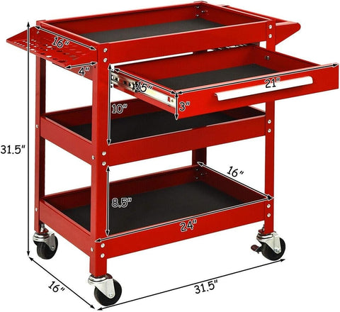 ERGOMASTER Utility Service Cart Tool on Wheels Heavy Duty Metal 4 Tiers Shelves with Drawers Tool Storage Organizer for Warehouse,Garage and Workshop