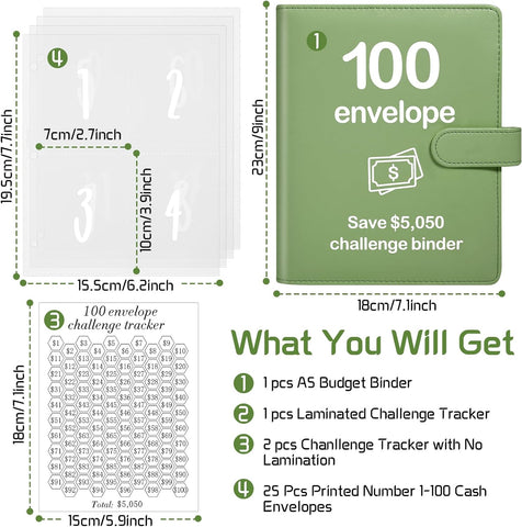 100 Envelopes Money Saving Challenge Binder with Reusable Laminated Tracker, Budget Book with Cash Envelopes, Easy and Fun Way to Save $5,050 (Pink)