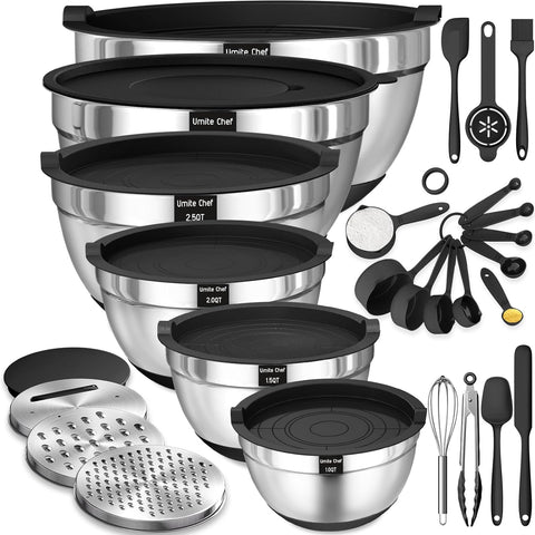 Mixing Bowls with Airtight Lids Set, 26PCS Stainless Steel Khaki Bowls with Grater Attachments, Non-Slip Bottoms & Kitchen Gadgets Set, Size 7, 4, 2.5, 2.0,1.5, 1QT, Great for Mixing & Serving