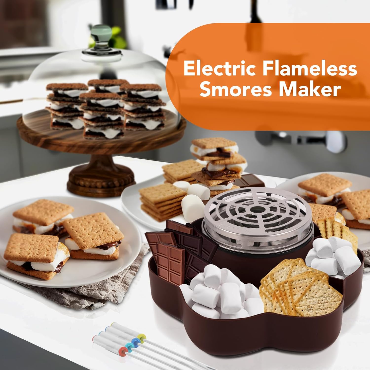 Smores Maker Tabletop Indoor, Electric Flameless Marshmallow Roaster, S'mores Kit with 6 Compartment Trays and 4 Forks, Housewarming Gifts for New House, Movie Night Supplies