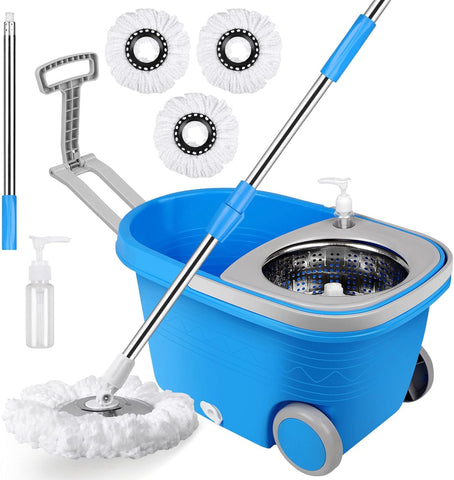 Spin Mop and Bucket with Wringer Set, 360° Spinning Mop Bucket System with 3 Microfiber Mop Replacement Heads and 61" Stainless Steel Adjustable Handle for Floor Cleaning (20QT)