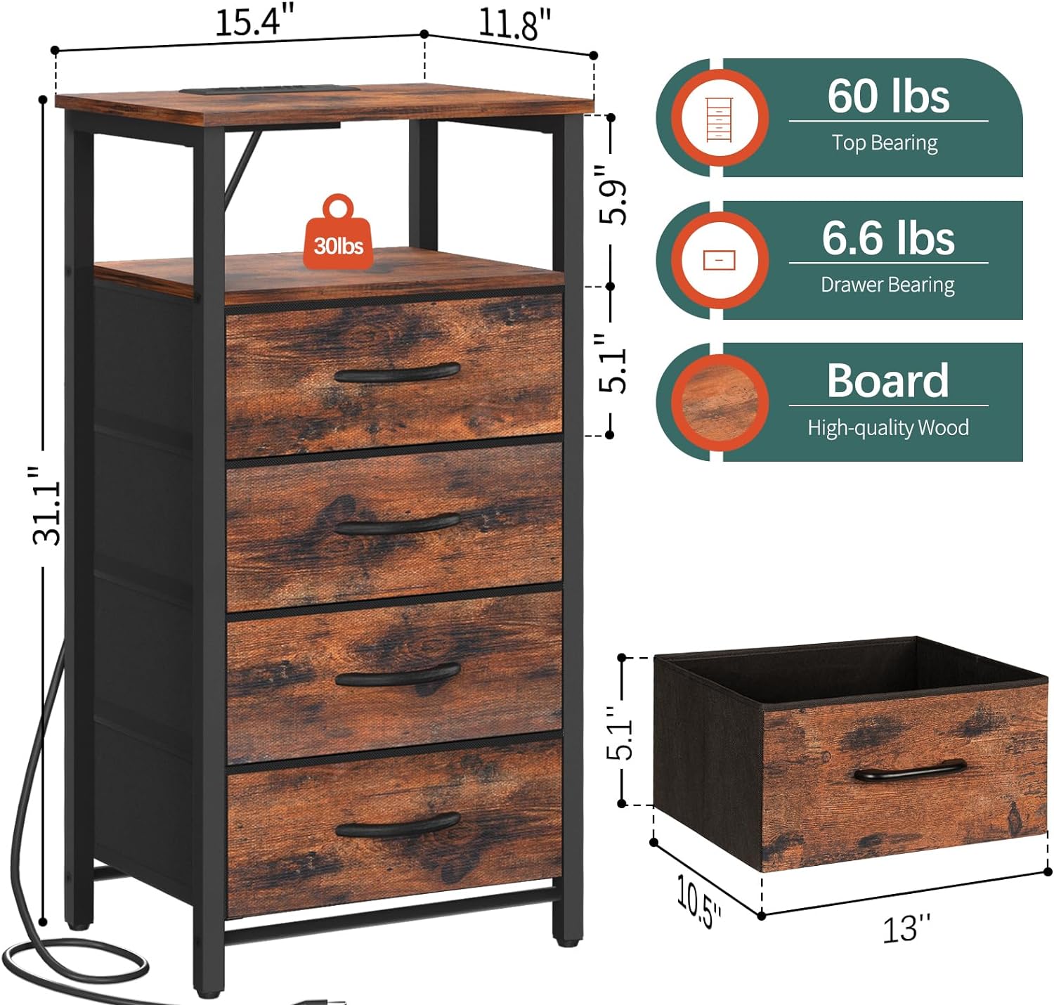 Yoobure Dresser with 4 Storage Drawers and Charging Station, Small Dresser for Bedroom, Tall Dressers & Chests of Drawers, Fabric Side Table for Closet, Nightstand Bedside Tables, Berry Brown