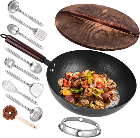 Leidawn 12.8" Carbon Steel Wok - 11Pcs Woks & Stir Fry Pans Wok Pan with Lid, No Chemical Coated Chinese Wok with 10 Cookware Accessories, Flat Bottom Wok for Electric, Induction,Gas Stoves