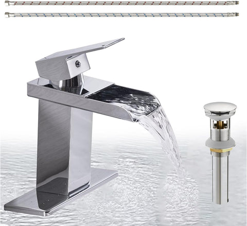 Homevacious Waterfall Bathroom Faucet,Chrome Single Handle Vanity Faucet,Modern Faucet for Bathroom Sink 1 Hole,Lavatory RV Mixer Tap with Brass Pop Up Drain and Water Supply Lines