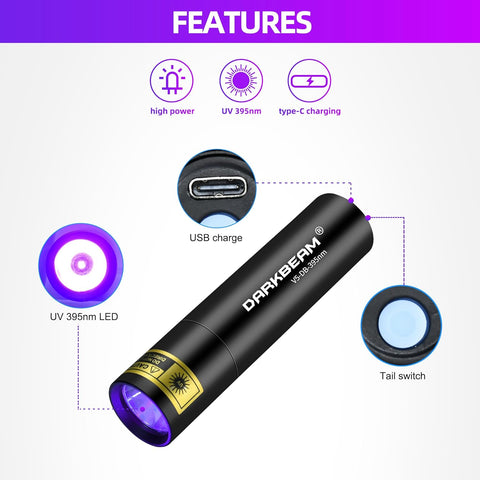 DARKBEAM Flashlight UV Black Light 395 NM, Mini but Powerful USB- C LED Rechargeable Woods Lamp, Ultraviolet Flashlights for Pet Dog Urine, Stains Detection/Resin Curing/Fluorescent Agent