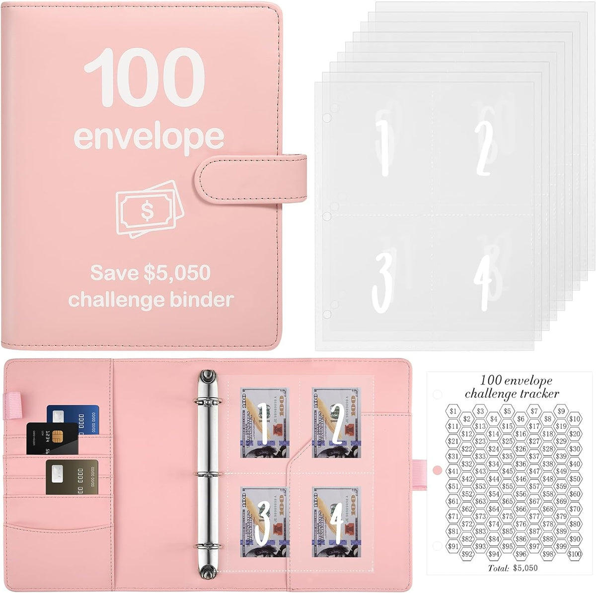 100 Envelopes Money Saving Challenge Binder with Reusable Laminated Tracker, Budget Book with Cash Envelopes, Easy and Fun Way to Save $5,050 (Pink)