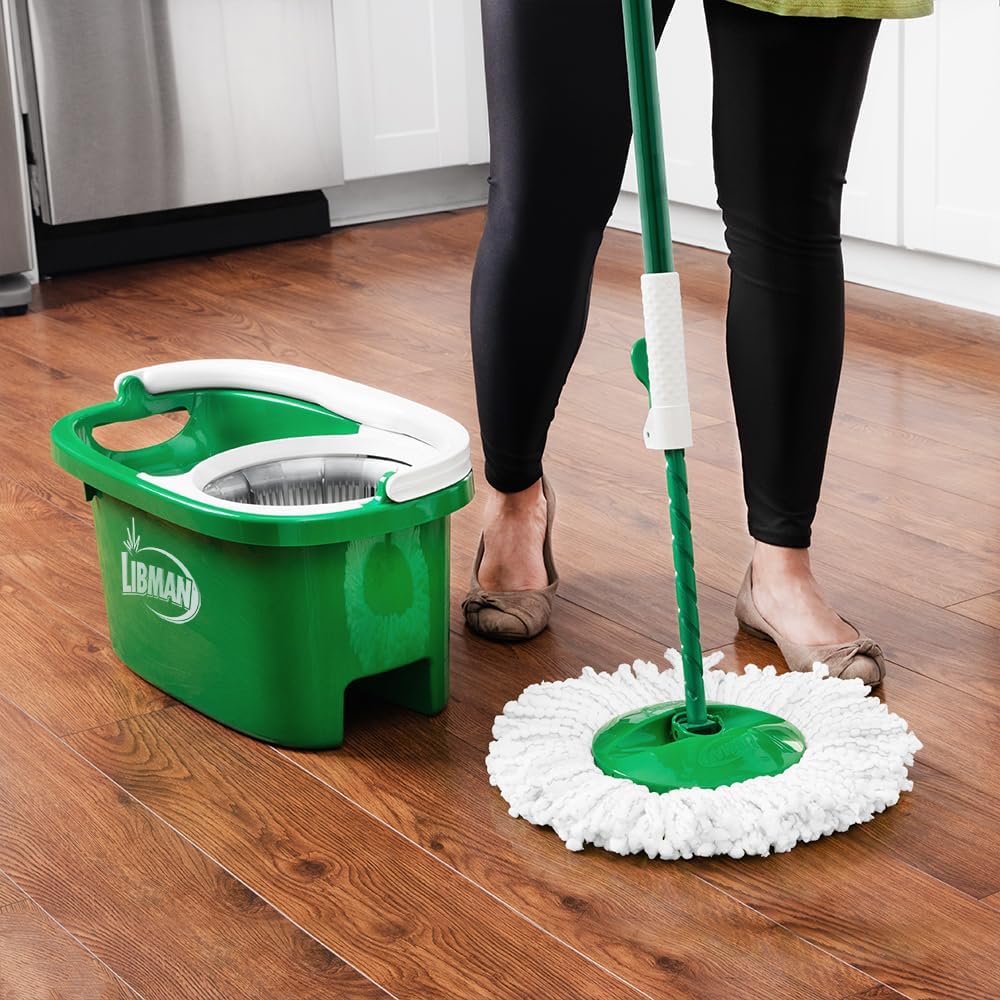 Libman Tornado Spin Mop System - Mop and Bucket with Wringer Set for Floor Cleaning - 2 Total Mop Heads Included, Green