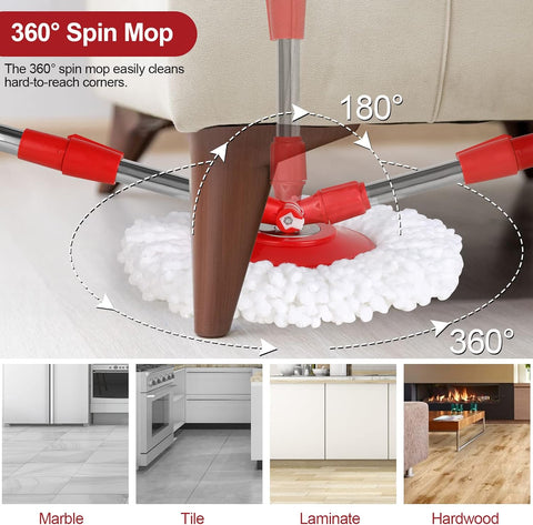 Spin Mop and Bucket with Wringer Set, 360° Spinning Mop Bucket System with 3 Microfiber Mop Replacement Heads and 61" Stainless Steel Adjustable Handle for Floor Cleaning (20QT)