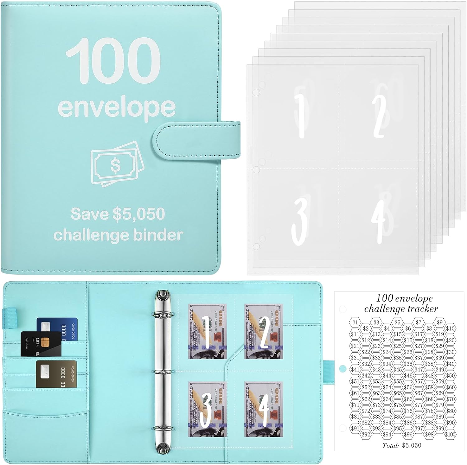 100 Envelopes Money Saving Challenge Binder with Reusable Laminated Tracker, Budget Book with Cash Envelopes, Easy and Fun Way to Save $5,050 (Pink)