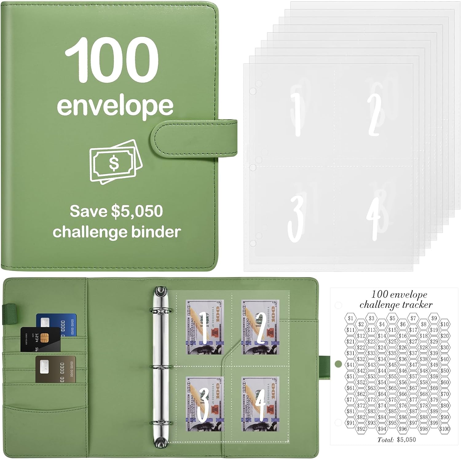 100 Envelopes Money Saving Challenge Binder with Reusable Laminated Tracker, Budget Book with Cash Envelopes, Easy and Fun Way to Save $5,050 (Pink)