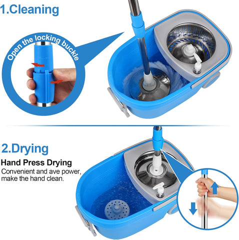 Spin Mop and Bucket with Wringer Set, 360° Spinning Mop Bucket System with 3 Microfiber Mop Replacement Heads and 61" Stainless Steel Adjustable Handle for Floor Cleaning (20QT)