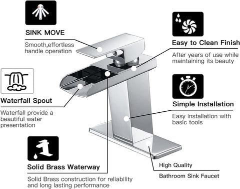 Homevacious Waterfall Bathroom Faucet,Chrome Single Handle Vanity Faucet,Modern Faucet for Bathroom Sink 1 Hole,Lavatory RV Mixer Tap with Brass Pop Up Drain and Water Supply Lines