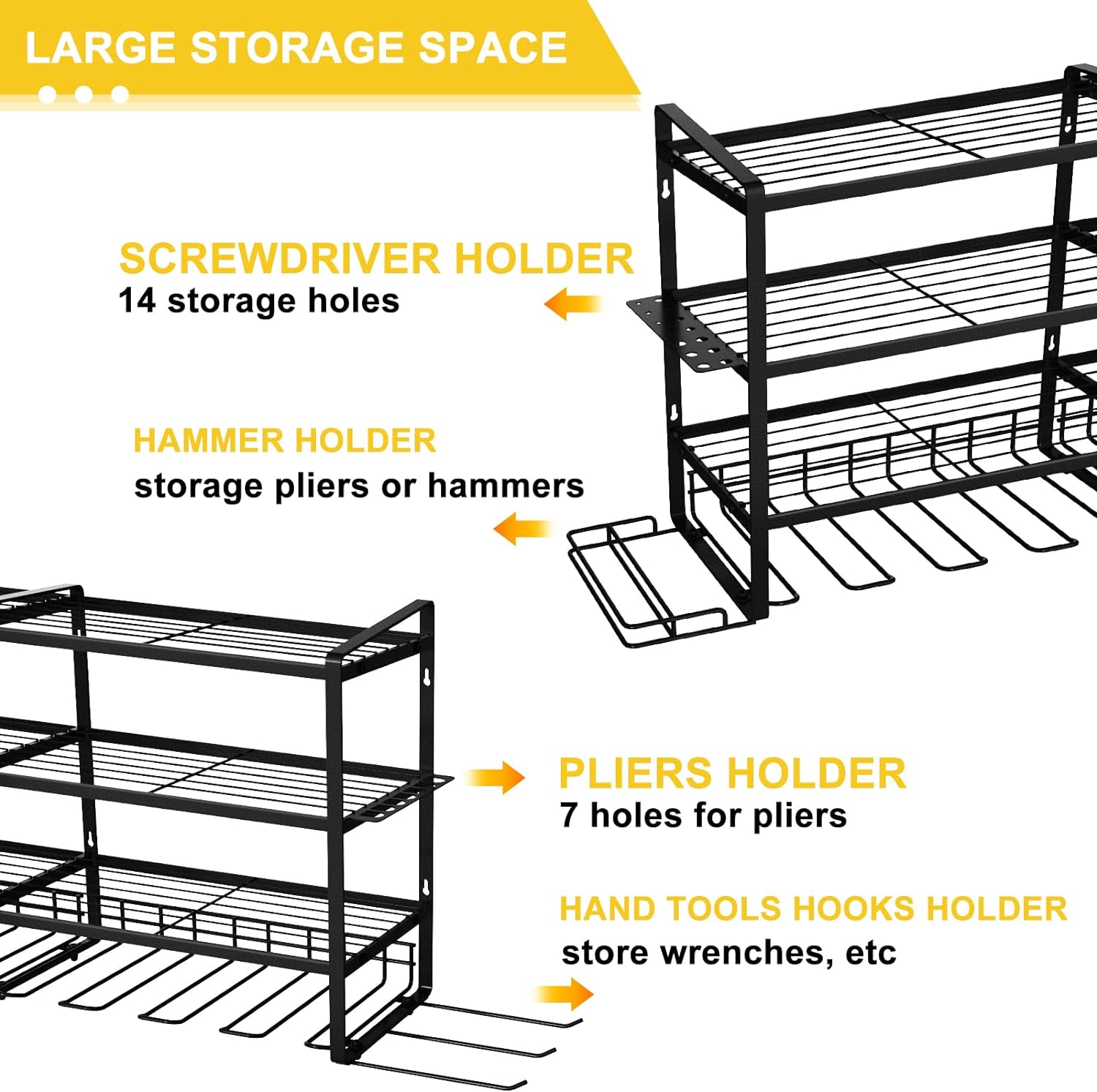 LADER Power Tool Organizer, 8 Drill Holder Wall Mounted, 4 Layer Heavy Duty Metal Tool Shelf, Garage Tool Organizer and Tool Storage Rack with Screwdriver Holder/Plier Holder/Hammer Holder