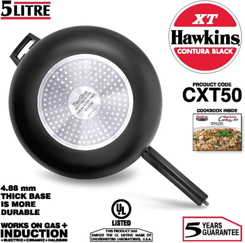 Hawkins CXT50 Contura Hard Anodized Induction Compatible Extra Thick Base Pressure Cooker, Black, 5L, 5 L