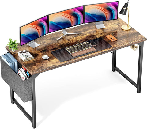 OLIXIS Small Computer Desk, Home Office Work Study Writing Student Kids Bedroom Wood Modern Simple Table with Storage Bag & Headphone Hooks