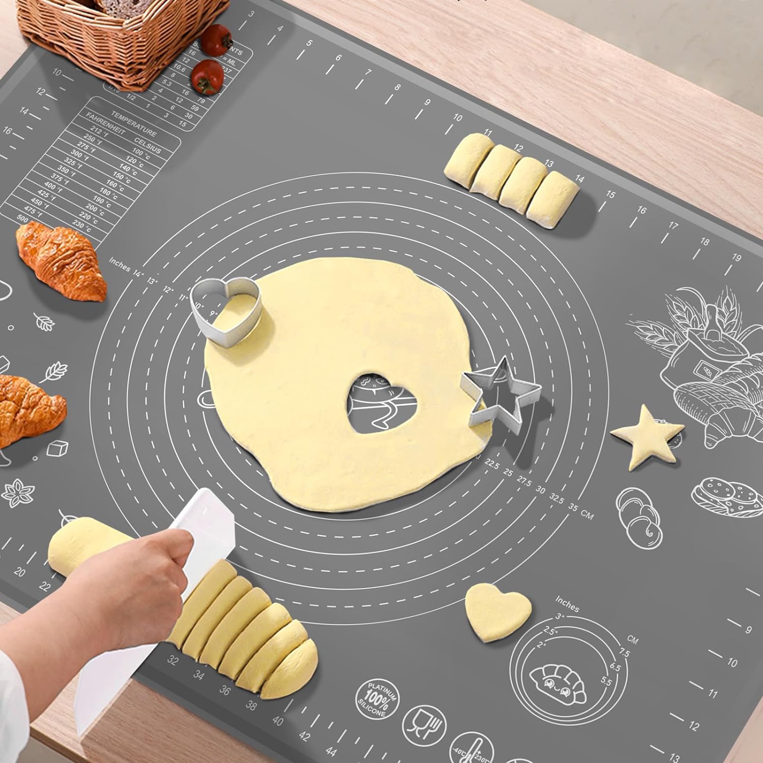 Silicone Pastry Mat Extra Thick Non-stick Baking Mat, 28" x 20" Rolling Dough With Measurements Non-slip Silicone Mat, Kneading Mat, Counter Mat, Dough Mat with Edge Heightening