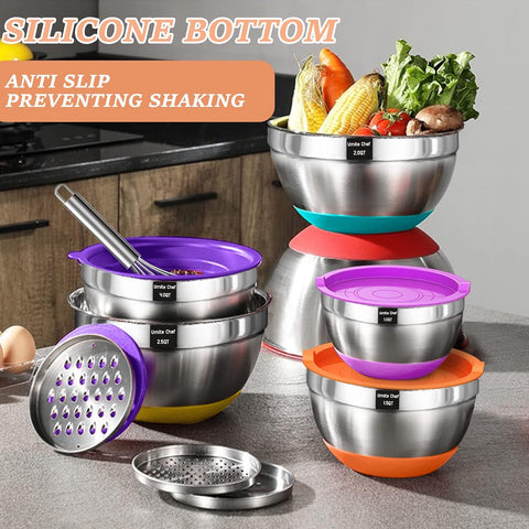 Mixing Bowls with Airtight Lids Set, 26PCS Stainless Steel Khaki Bowls with Grater Attachments, Non-Slip Bottoms & Kitchen Gadgets Set, Size 7, 4, 2.5, 2.0,1.5, 1QT, Great for Mixing & Serving