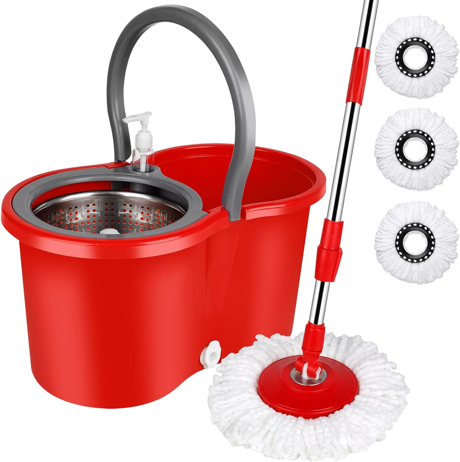 Spin Mop and Bucket with Wringer Set, 360° Spinning Mop Bucket System with 3 Microfiber Mop Replacement Heads and 61" Stainless Steel Adjustable Handle for Floor Cleaning (20QT)