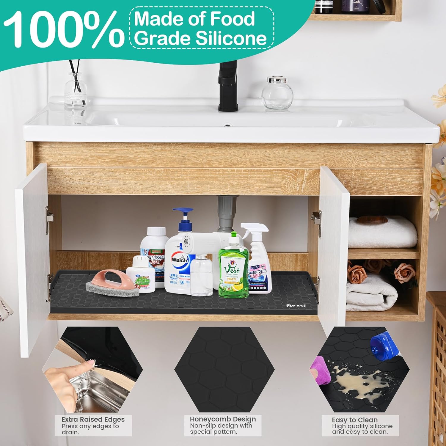 FORWOS Under Sink Mat, 34" x 22" Silicone Mats for Kitchen Waterproof, Under Sink Cabinet Organizers and Storage, Sink and Cabinet Protector, Under Sink Tray for Bathroom (Grey)