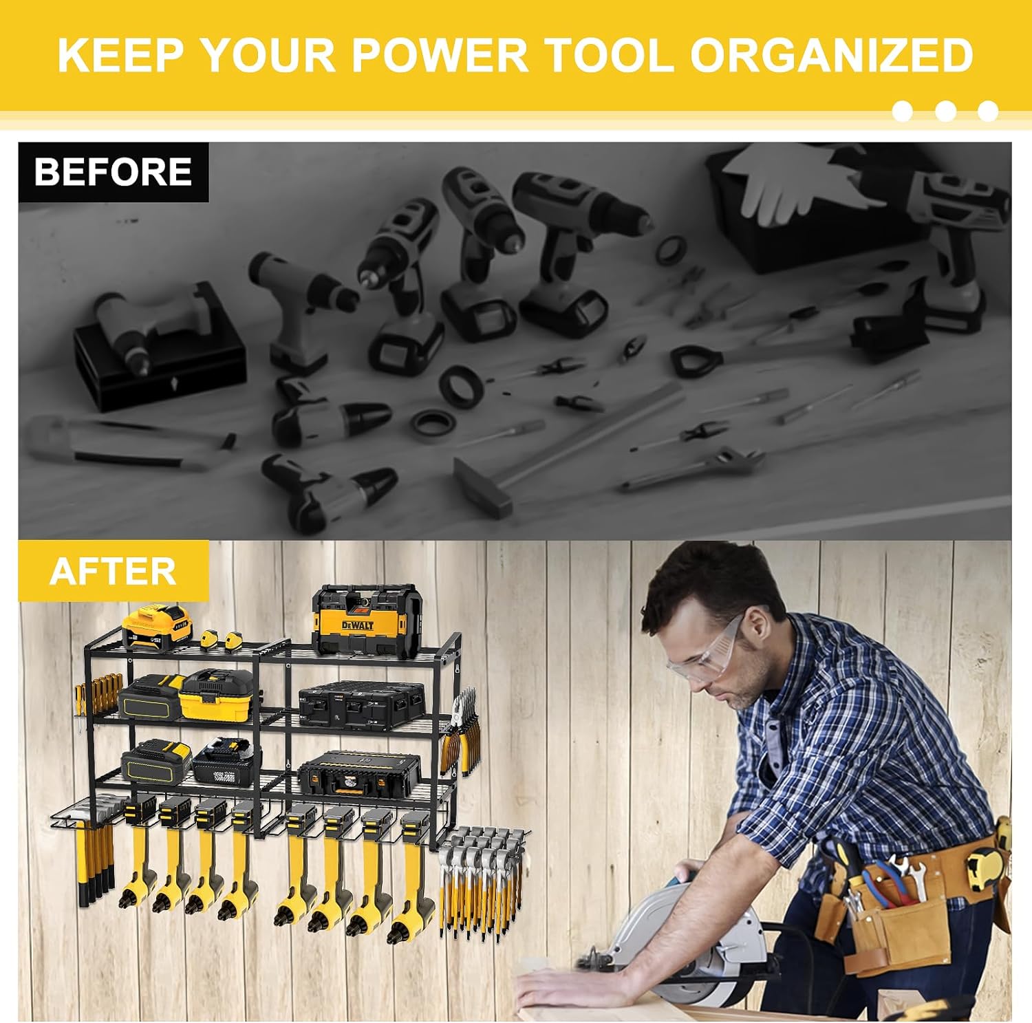 LADER Power Tool Organizer, 8 Drill Holder Wall Mounted, 4 Layer Heavy Duty Metal Tool Shelf, Garage Tool Organizer and Tool Storage Rack with Screwdriver Holder/Plier Holder/Hammer Holder