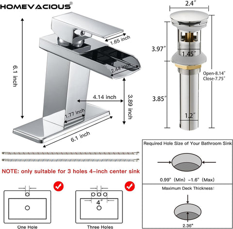 Homevacious Waterfall Bathroom Faucet,Chrome Single Handle Vanity Faucet,Modern Faucet for Bathroom Sink 1 Hole,Lavatory RV Mixer Tap with Brass Pop Up Drain and Water Supply Lines