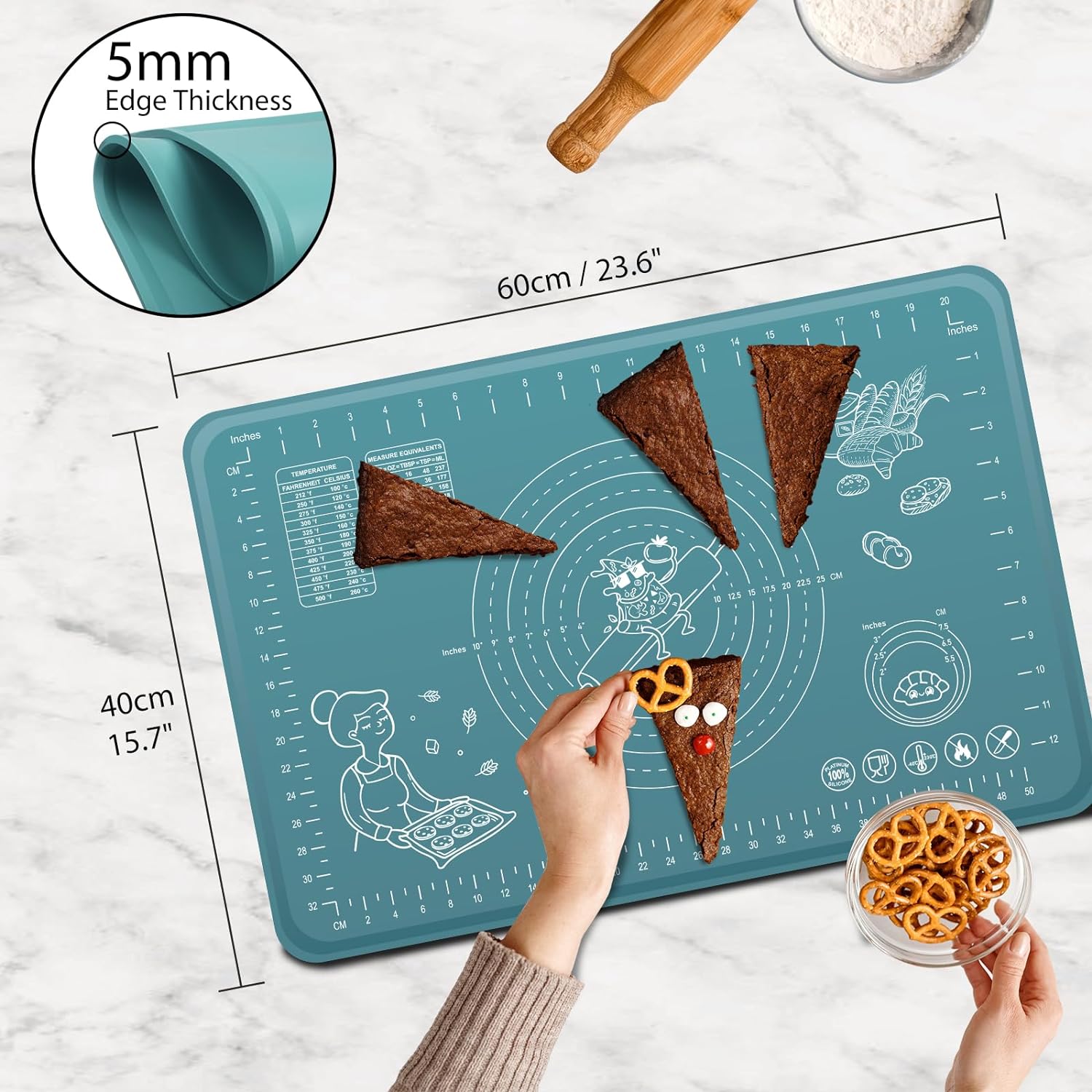 Silicone Pastry Mat Extra Thick Non-stick Baking Mat, 28" x 20" Rolling Dough With Measurements Non-slip Silicone Mat, Kneading Mat, Counter Mat, Dough Mat with Edge Heightening