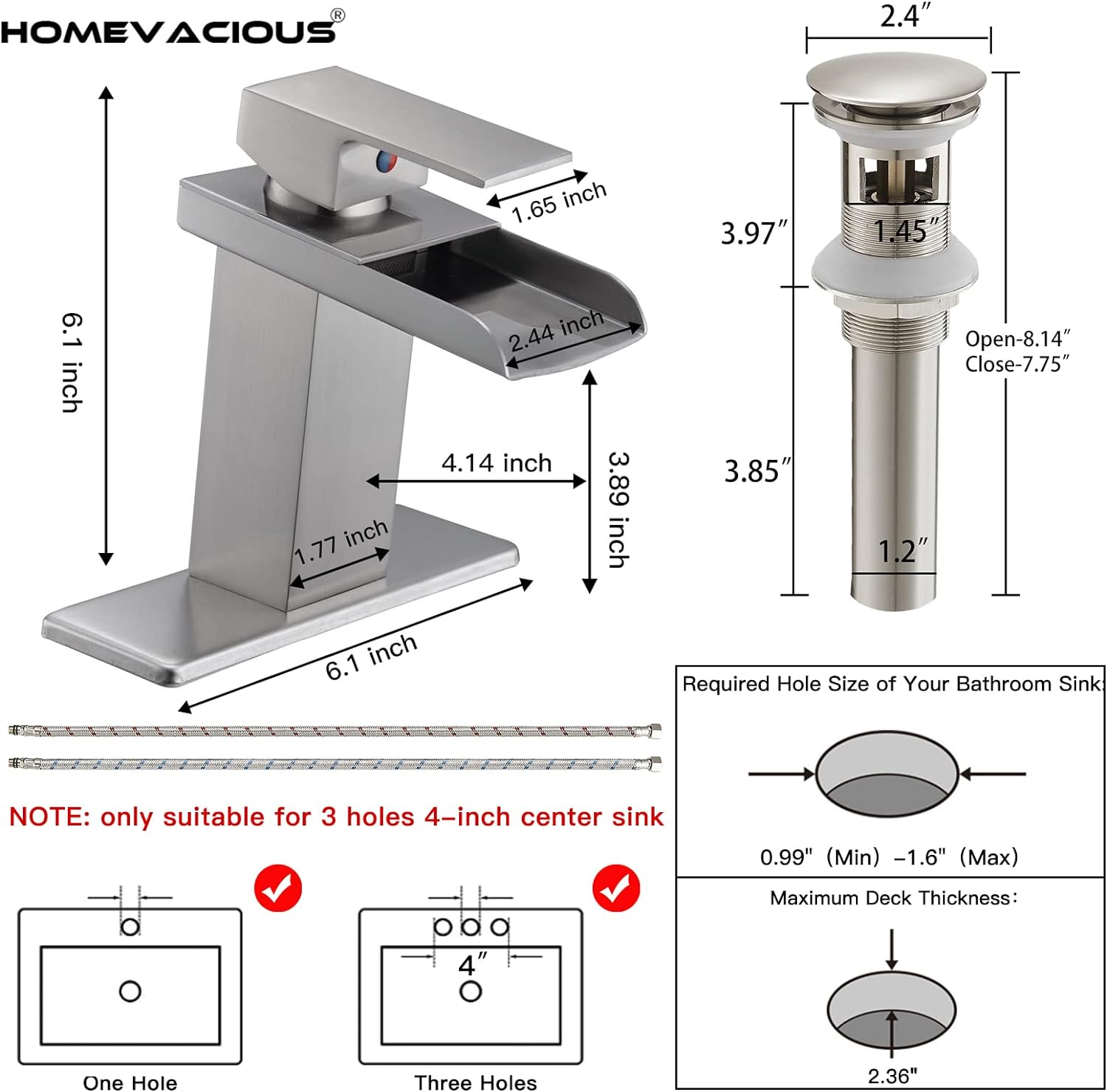 Homevacious Waterfall Bathroom Faucet,Chrome Single Handle Vanity Faucet,Modern Faucet for Bathroom Sink 1 Hole,Lavatory RV Mixer Tap with Brass Pop Up Drain and Water Supply Lines