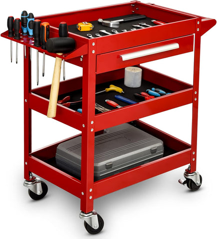 ERGOMASTER Utility Service Cart Tool on Wheels Heavy Duty Metal 4 Tiers Shelves with Drawers Tool Storage Organizer for Warehouse,Garage and Workshop