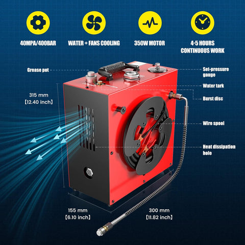 GX PUMP CS4 Portable PCP Air Compressor, 350W Powerful Motor,Max 5800Psi/40Mpa, Water and Fans Cooling, 5 Hours Continous Work, 12V Auto Stop PCP Air Rifle Paintball Air Compressor