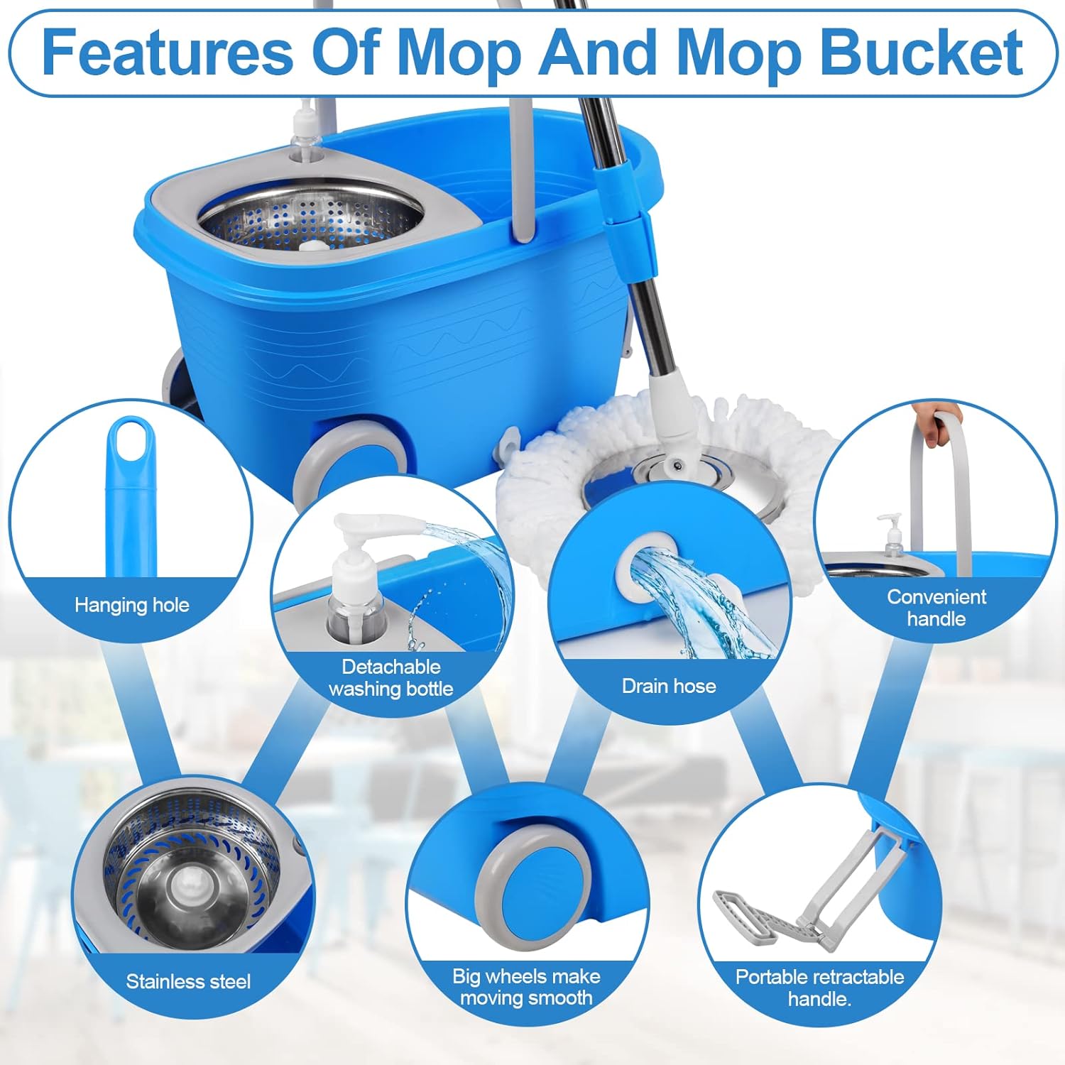 Spin Mop and Bucket with Wringer Set, 360° Spinning Mop Bucket System with 3 Microfiber Mop Replacement Heads and 61" Stainless Steel Adjustable Handle for Floor Cleaning (20QT)