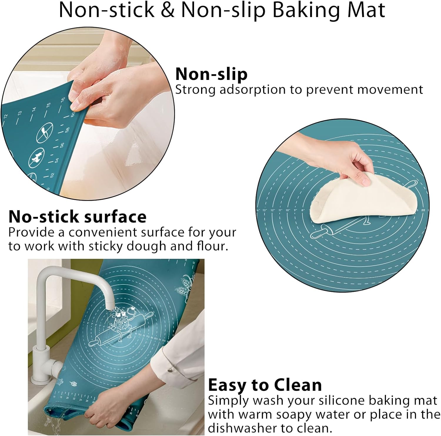 Silicone Pastry Mat Extra Thick Non-stick Baking Mat, 28" x 20" Rolling Dough With Measurements Non-slip Silicone Mat, Kneading Mat, Counter Mat, Dough Mat with Edge Heightening