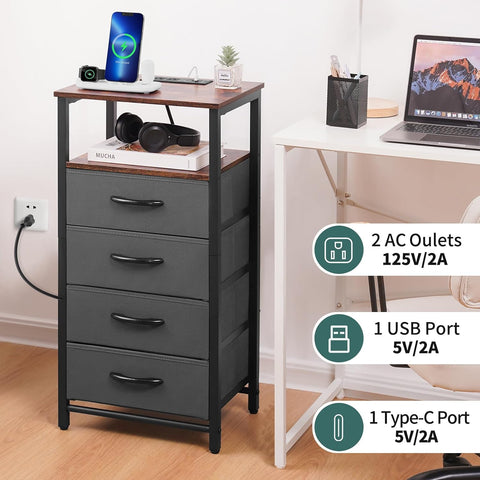 Yoobure Dresser with 4 Storage Drawers and Charging Station, Small Dresser for Bedroom, Tall Dressers & Chests of Drawers, Fabric Side Table for Closet, Nightstand Bedside Tables, Berry Brown