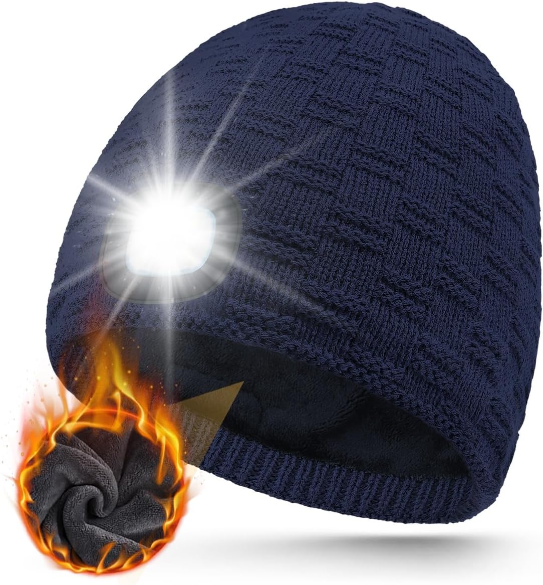 MOXTOYU Unisex Fleece Lined Thicken Beanie with Light, Stocking Stuffers Gifts for Men Women, USB Rechargeable LED Beanie