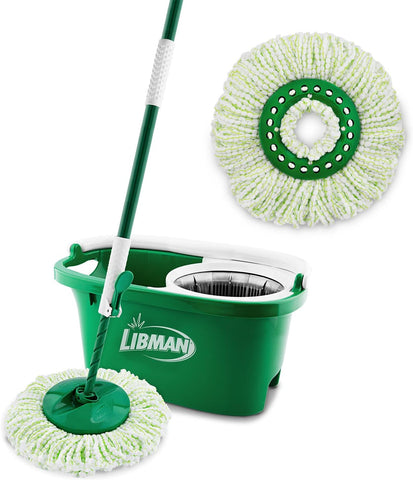 Libman Tornado Spin Mop System - Mop and Bucket with Wringer Set for Floor Cleaning - 2 Total Mop Heads Included, Green