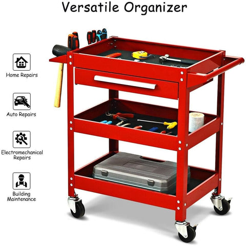 ERGOMASTER Utility Service Cart Tool on Wheels Heavy Duty Metal 4 Tiers Shelves with Drawers Tool Storage Organizer for Warehouse,Garage and Workshop