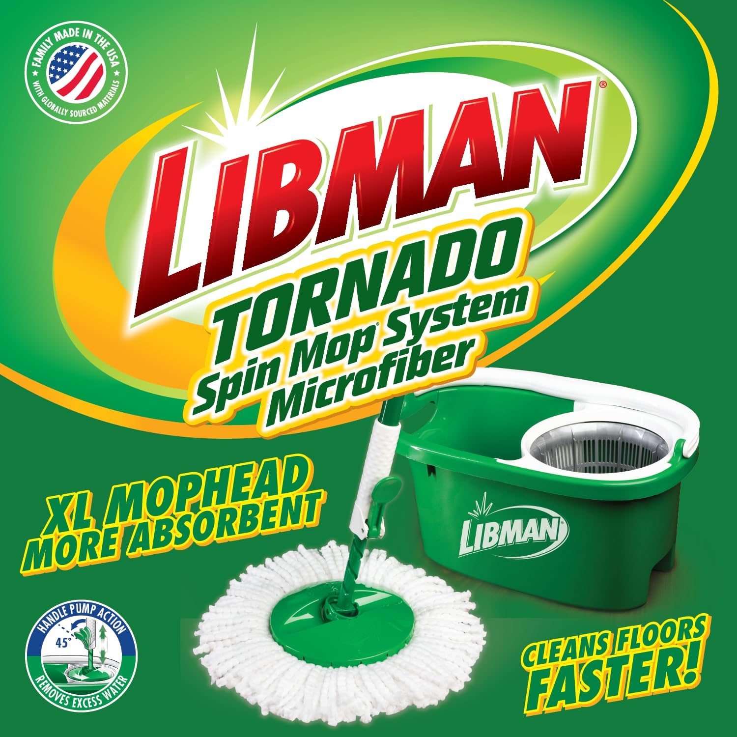 Libman Tornado Spin Mop System - Mop and Bucket with Wringer Set for Floor Cleaning - 2 Total Mop Heads Included, Green