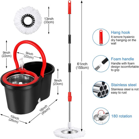 Spin Mop and Bucket with Wringer Set, 360° Spinning Mop Bucket System with 3 Microfiber Mop Replacement Heads and 61" Stainless Steel Adjustable Handle for Floor Cleaning (20QT)