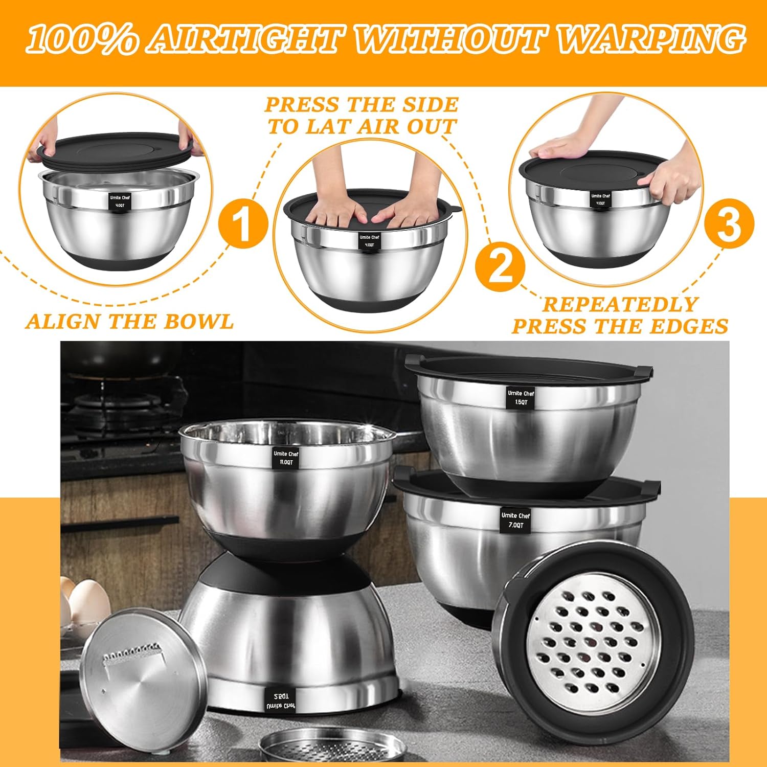 Mixing Bowls with Airtight Lids Set, 26PCS Stainless Steel Khaki Bowls with Grater Attachments, Non-Slip Bottoms & Kitchen Gadgets Set, Size 7, 4, 2.5, 2.0,1.5, 1QT, Great for Mixing & Serving