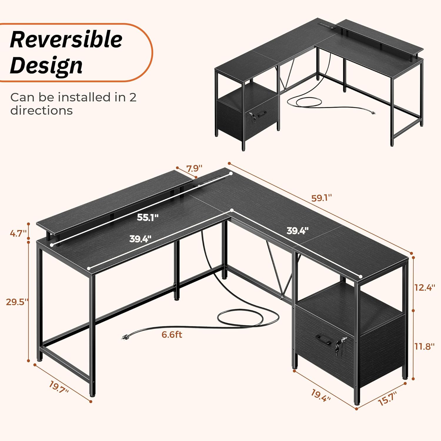 PRAISUN L Shaped Office Desk with LED Lights and Power Outlets, Reversible Computer Desk with File Cabinet and Monitor Shelves, Home Office Desk, Corner Gaming Desk, Vintage Brown