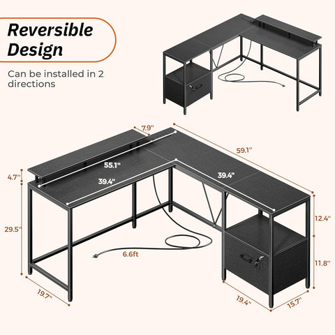 PRAISUN L Shaped Office Desk with LED Lights and Power Outlets, Reversible Computer Desk with File Cabinet and Monitor Shelves, Home Office Desk, Corner Gaming Desk, Vintage Brown