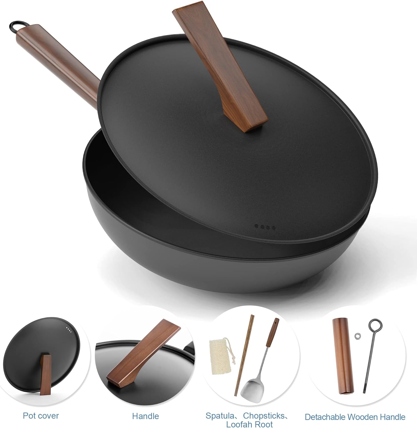 Bielmeier 13" Wok Pan, Woks and Stir Fry Pans with Lid, No Chemical Coated Wok with Spatula, Chopsticks and Loofah Root, Flat Bottom Carbon Steel Wok Suits for All Stoves