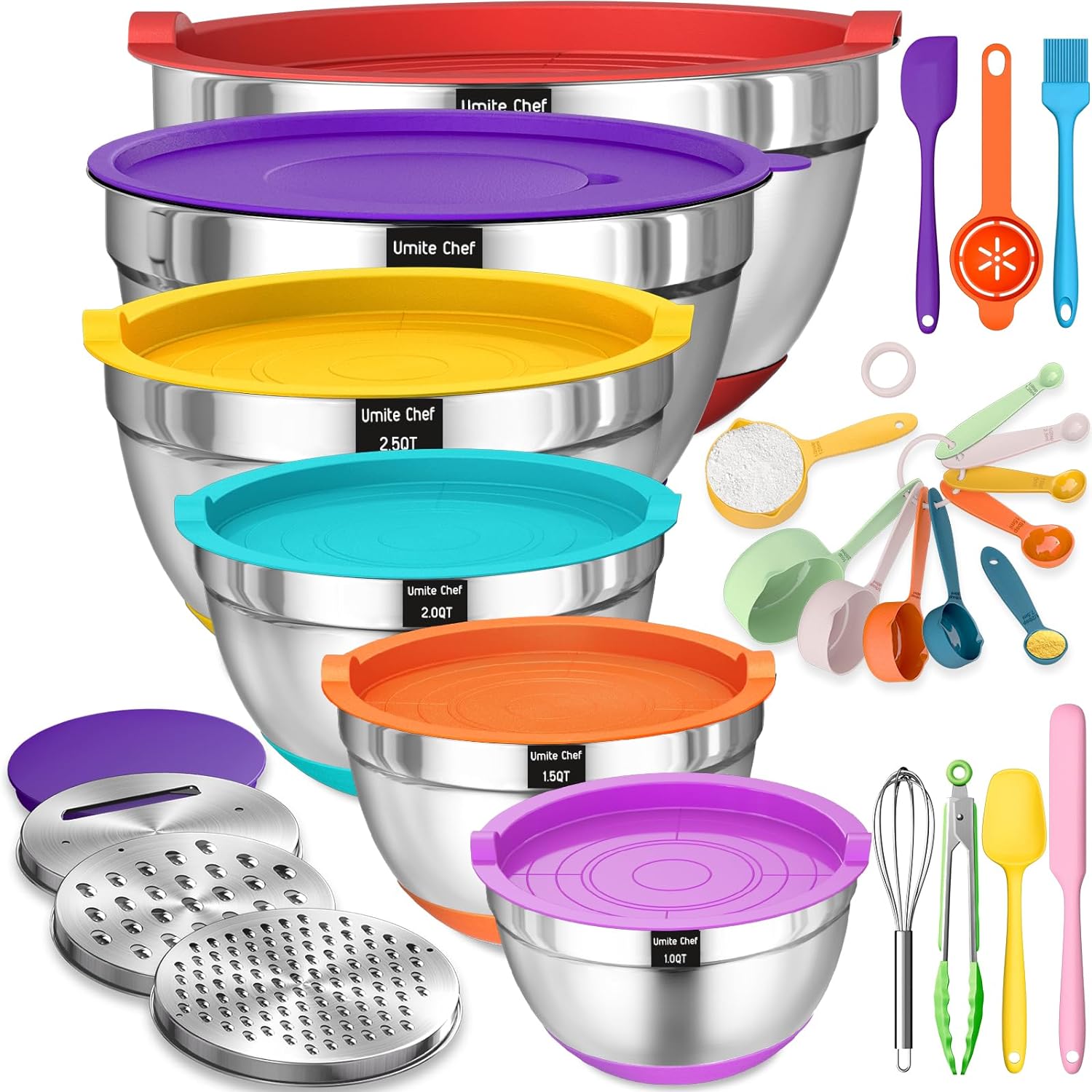 Mixing Bowls with Airtight Lids Set, 26PCS Stainless Steel Khaki Bowls with Grater Attachments, Non-Slip Bottoms & Kitchen Gadgets Set, Size 7, 4, 2.5, 2.0,1.5, 1QT, Great for Mixing & Serving