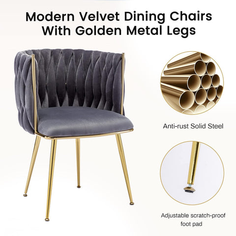 KCC Velvet Dining Chairs Set of 4, Gold Modern Dining Chair with Metal Legs, Woven Upholstered Dining Chairs for Dining Room, Kitchen, Vanity, Living Room (Black)
