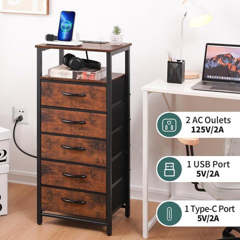 Yoobure Dresser with 4 Storage Drawers and Charging Station, Small Dresser for Bedroom, Tall Dressers & Chests of Drawers, Fabric Side Table for Closet, Nightstand Bedside Tables, Berry Brown