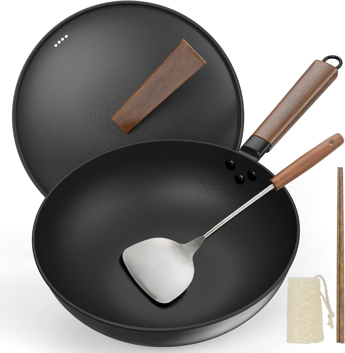 Bielmeier 13" Wok Pan, Woks and Stir Fry Pans with Lid, No Chemical Coated Wok with Spatula, Chopsticks and Loofah Root, Flat Bottom Carbon Steel Wok Suits for All Stoves