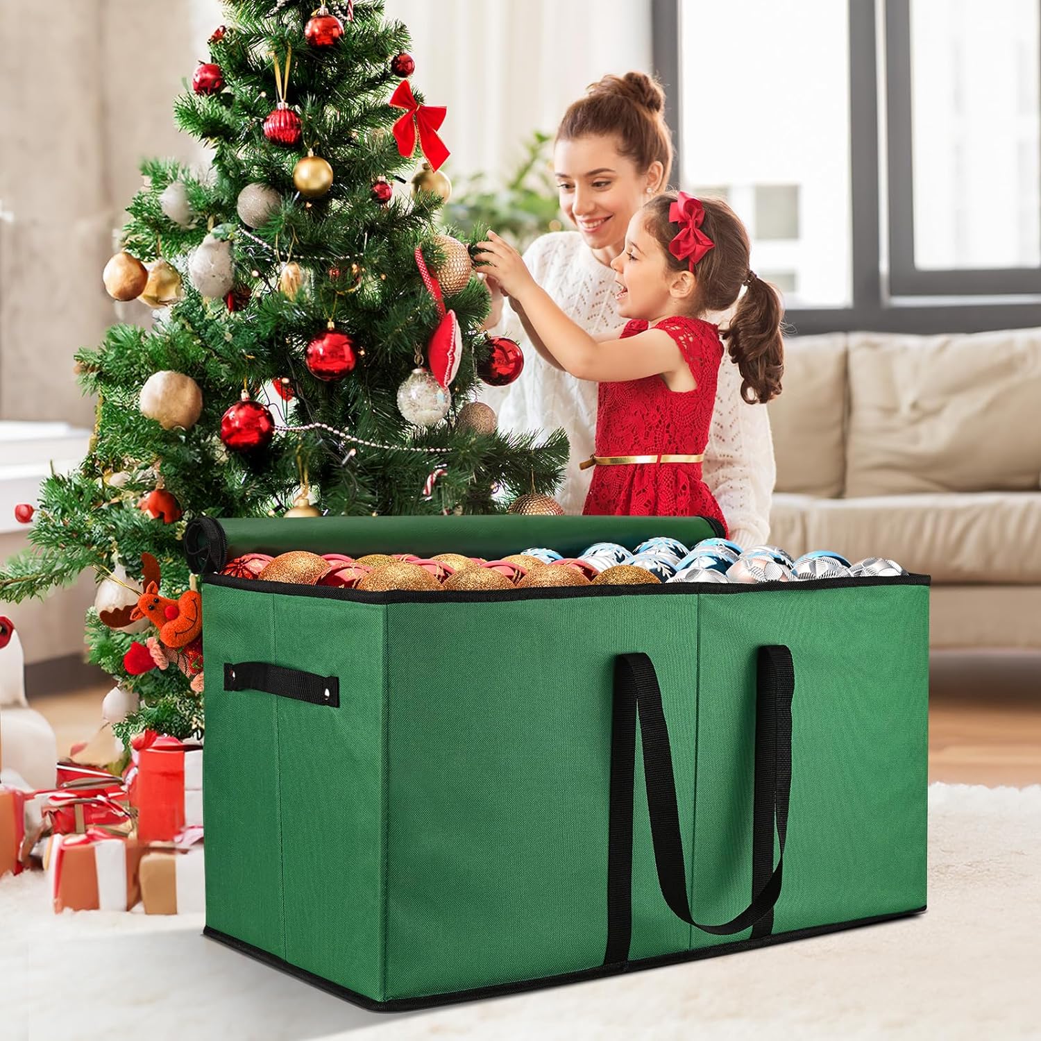 Keten Christmas Ornament Storage, Ornament Storage Box Fits 128 Holiday Ornaments 3-Inch,with Adjustable Dividers & Pockets, Dual Zipper Closure, 600D Tear-Proof Fabric (Green)